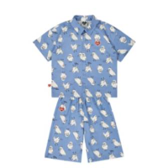 Light Blue Bird Patten Shirt & Crop