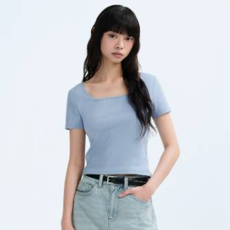 우먼즈 슬림 스퀘어 넥 반팔 티셔츠