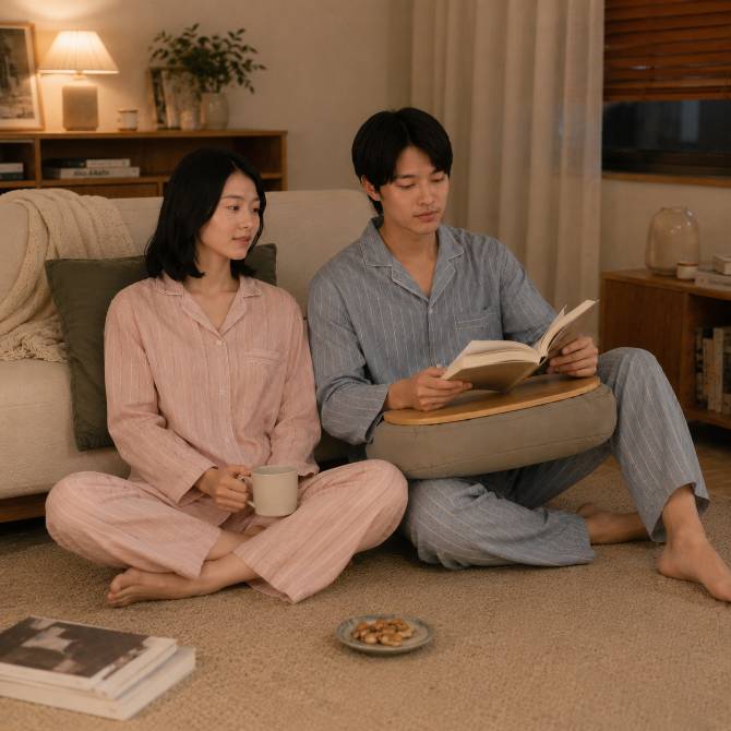 사이드 심리스 이중가제 긴소매 파자마